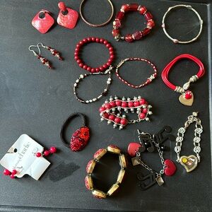 EUC red bracelet and earrings group. 14 pieces